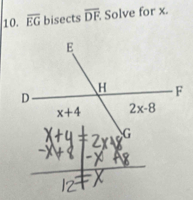 overline EG bisects overline DF. Solve for x.