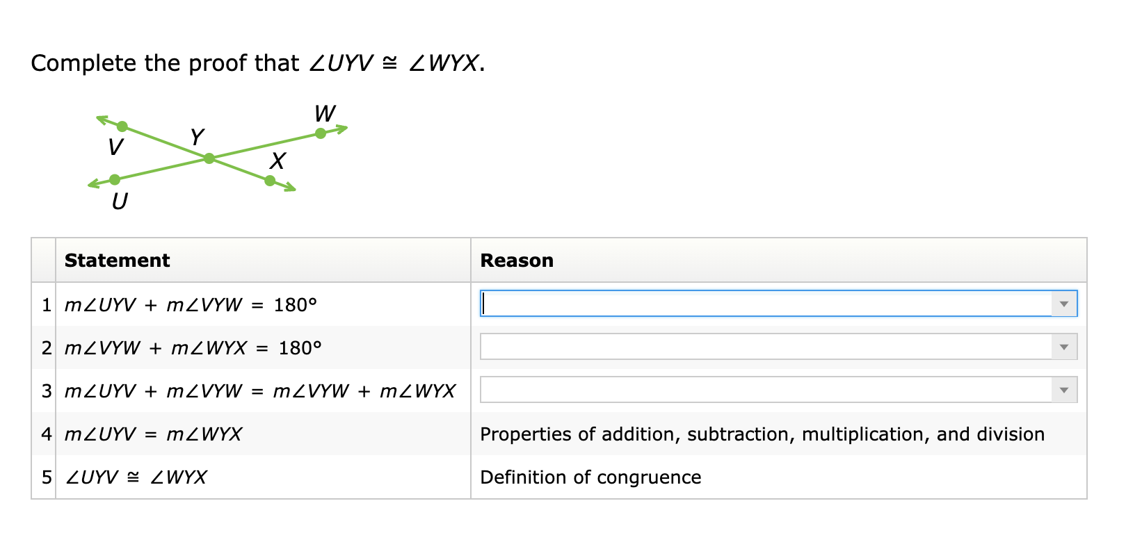 Complete the proof that ∠ UYV≌ ∠ WYX.