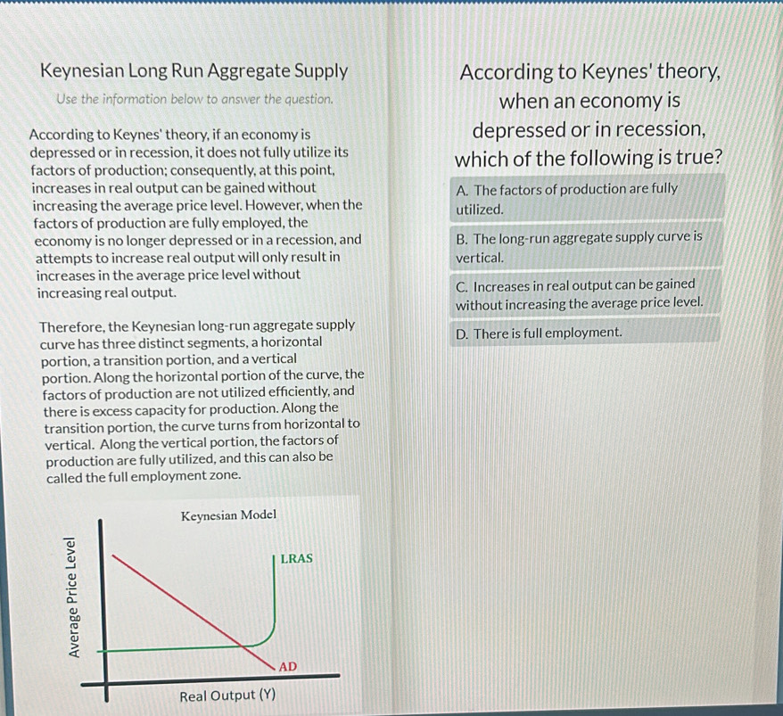 Solved: Keynesian Long Run Aggregate Supply According to Keynes' theory ...