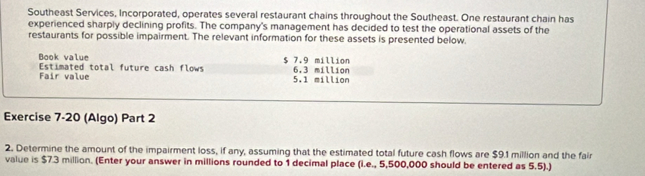 Southeast Services, Incorporated, operates several restaurant chains throughout the Southeast. One restaurant chain has 
experienced sharply declining profits. The company's management has decided to test the operational assets of the 
restaurants for possible impairment. The relevant information for these assets is presented below. 
Book value $ 7.9 million
Estimated total future cash flows 6.3 million
Fair value 5.1 million
Exercise 7-20 (Algo) Part 2 
2. Determine the amount of the impairment loss, if any, assuming that the estimated total future cash flows are $9.1 million and the fair 
value is $7.3 million. (Enter your answer in millions rounded to 1 decimal place (i.e., 5,500,000 should be entered as 5.5).)