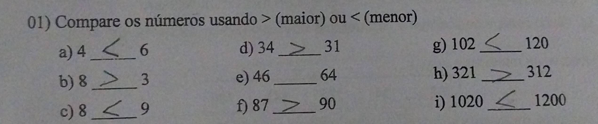 Compare os números usando > (maior) ou < (menor) 
a)  4 _ _g) 102 _
6 d) 34 31
120
b) 8 _ e) 46 _ 64
3
h) 321 _ 312
c) 8 _ f) 87 _ 90
9
i) 1020 _ 1200