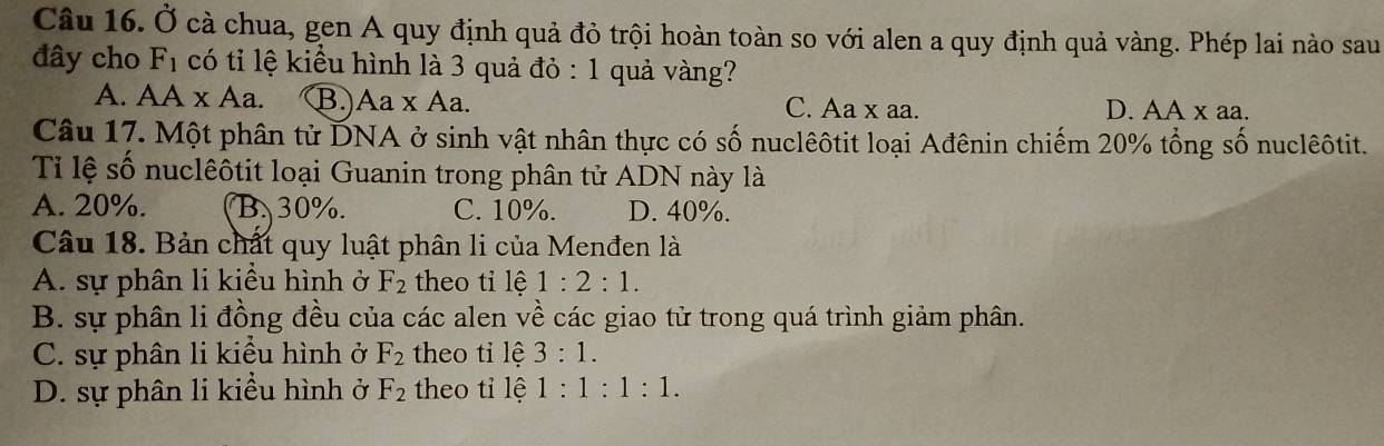 Ở cà chua, gen A quy định quả đỏ trội hoàn toàn so với alen a quy định quả vàng. Phép lai nào sau
đây cho F_1 có tỉ lệ kiểu hình là 3 quả đỏ : 1 quả vàng?
A. AA* Aa. B.)Aa xA a. C. Aa x aa. D. AA x aa.
Câu 17. Một phân tử DNA ở sinh vật nhân thực có số nuclêôtit loại Ađênin chiếm 20% tổng số nuclêôtit.
Tỉ lệ số nuclêôtit loại Guanin trong phân tử ADN này là
A. 20%. B. 30%. C. 10%. D. 40%.
Câu 18. Bản chất quy luật phân li của Menđen là
A. sự phân li kiểu hình ở F_2 theo tỉ lệ 1:2:1.
B. sự phân li đồng đều của các alen về các giao tử trong quá trình giảm phân.
C. sự phân li kiểu hình ở F_2 theo tỉ lệ 3:1.
D. sự phân li kiều hình ở F_2 theo tỉ lệ 1:1:1:1.