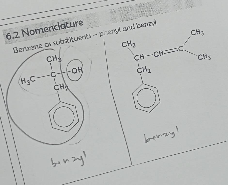 6.2 Nomenclature 
Benzene as substituents - phenyl and benzyl
CH_3
OH
CH_3^((CH_3))CH-CH=C_CH_3^CH_3
H_3C-C CH)