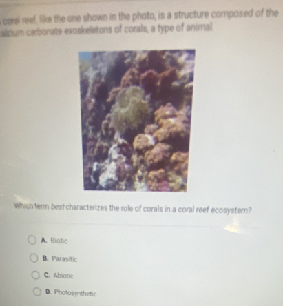 caral reef, like the one shown in the photo, is a structure composed of the
alcium carbonate exoskeletons of corals, a type of animal.
Which term best characterizes the role of corals in a coral reef ecosyster?
A. Blotic
B. Parasitic
C. Abiotic
D. Photosynthetic