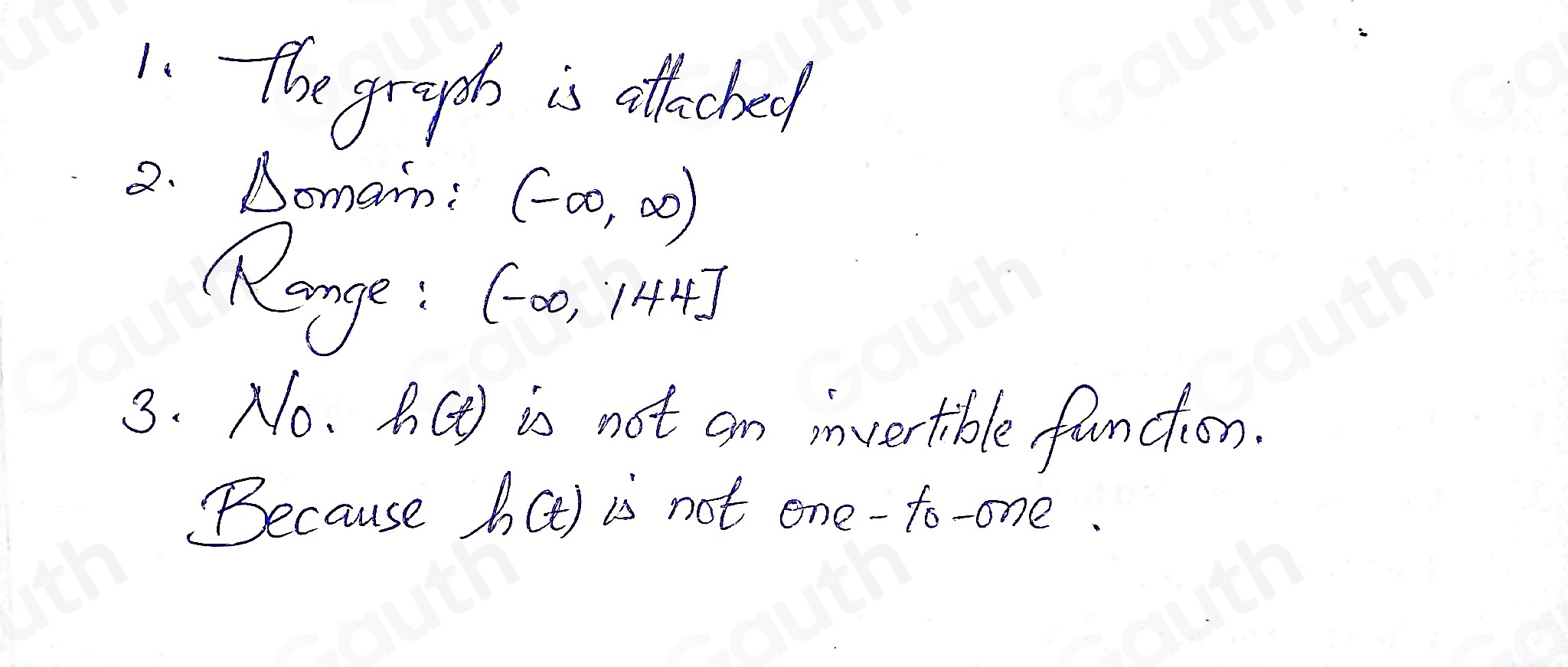 1. the greuph is offecheep 
2. Domamn: (-∈fty ,∈fty )
(Ronge: (-∈fty ,144]
3. No. h(t) is not an invertible function. 
Because h(t) is not one - to-one.