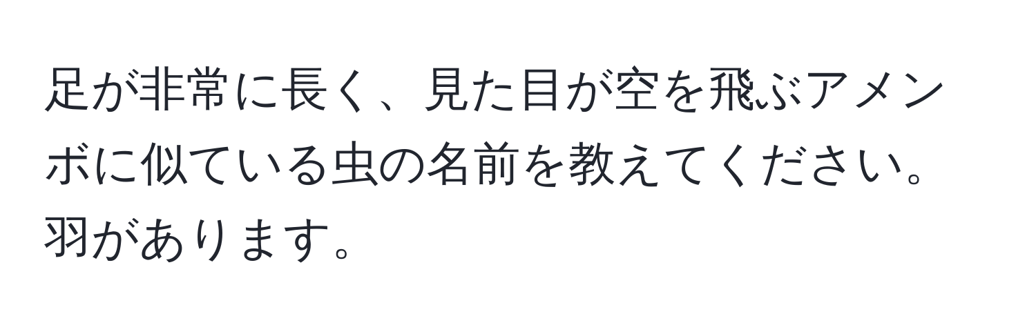 足が非常に長く、見た目が空を飛ぶアメンボに似ている虫の名前を教えてください。羽があります。