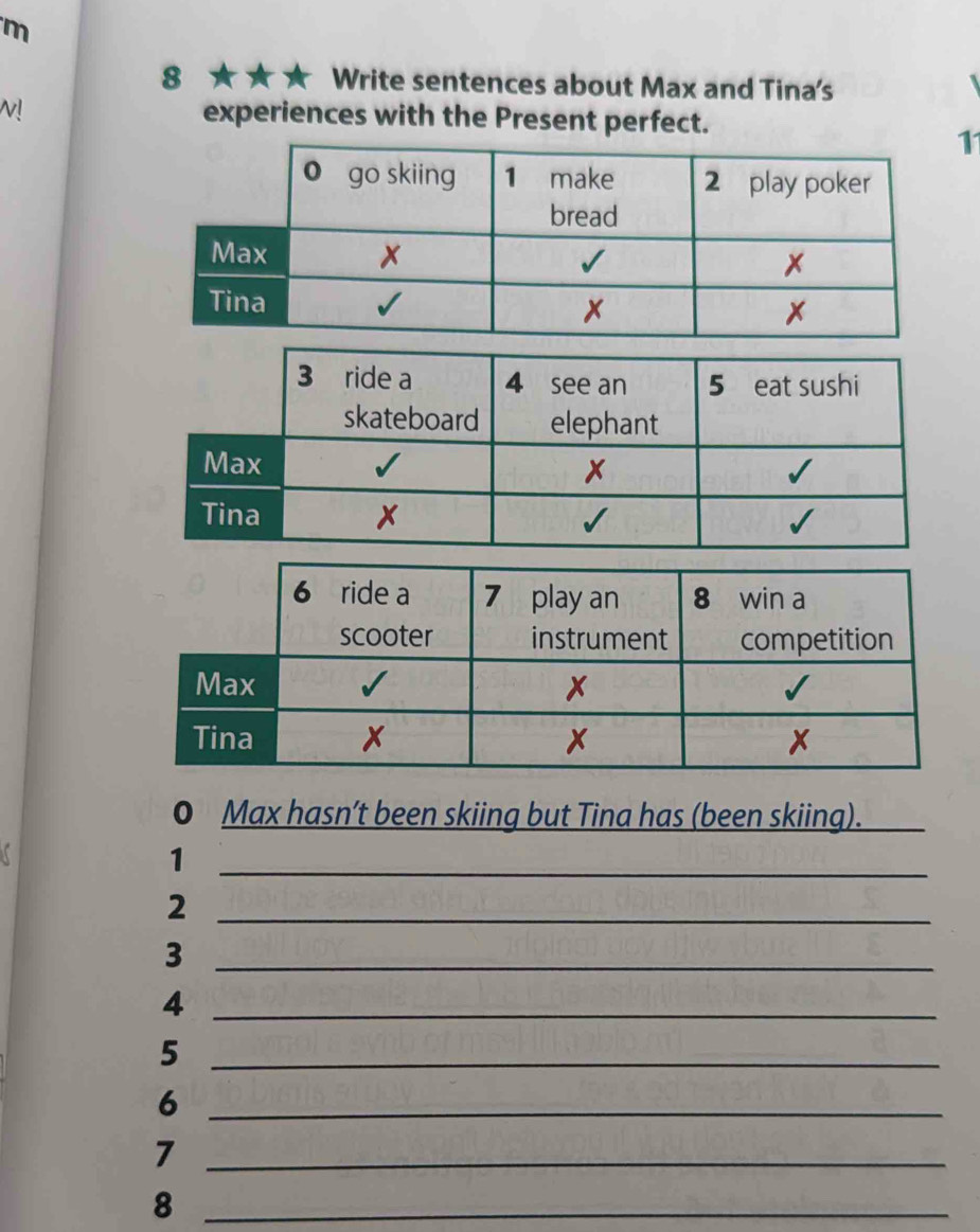 8 ★★★ Write sentences about Max and Tina's 
v! experiences with the Present perfect. 
11 
0 Max hasn’t been skiing but Tina has (been skiing). 
I 
_1 
_2 
_3 
_4 
_5 
_6 
_7 
_8