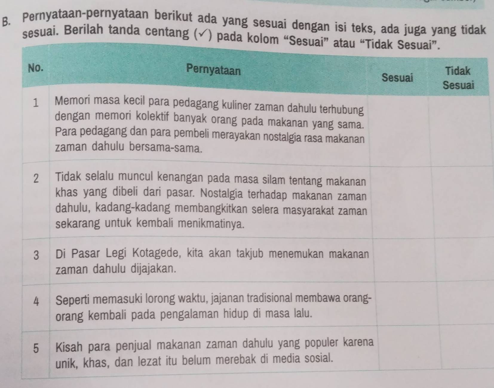 Pernyataan-pernyataan berikut ada yang sesuai dengan isi teks, ada juga yang tidak 
sesuai. Berilah tanda centang