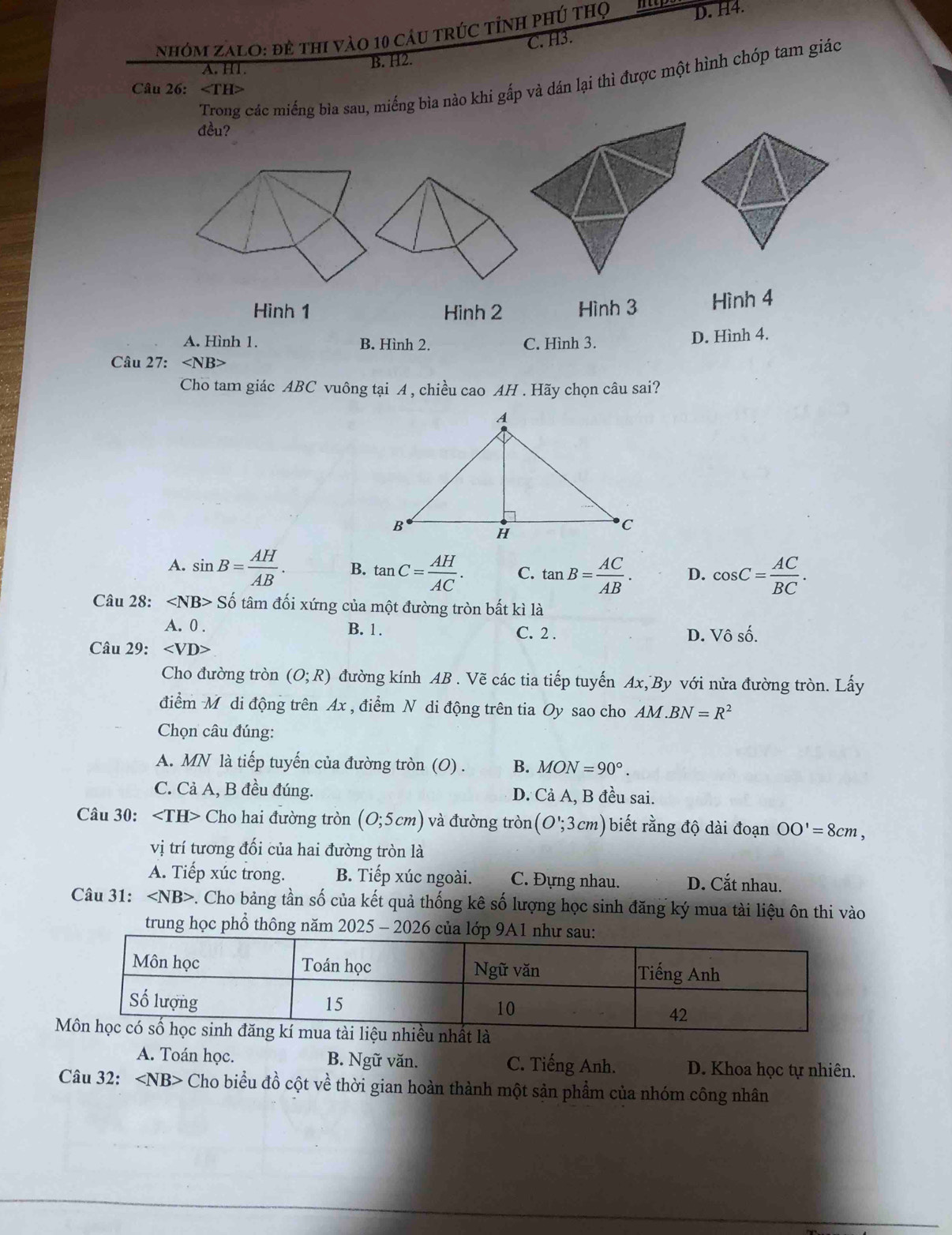 NhóM ZALO: đề thi vào 10 câu trúc tỉnh phú thọ D. H4.
C. H3.
A. HT. B. H2.
Trong các miếng bìa sau, miếng bìa nào khi gấp và dán lại thì được một hình chóp tam giáo
Câu 26:
đều?
Hinh 1 Hình 2 Hình 3 Hình 4
A. Hình 1. B. Hình 2. C. Hình 3. D. Hình 4.
Câu 27: ∠ NB>
Cho tam giác ABC vuông tại A , chiều cao AH . Hãy chọn câu sai?
A. sin B= AH/AB . B. tan C= AH/AC . C. tan B= AC/AB . D. cos C= AC/BC .
Câu 28: ∠ NB>Shat o tâm đối xứng của một đường tròn bất kì là
A. 0 . B. 1 . C. 2 . D. Vô số.
Câu 29:
Cho đường tròn (O;R) đường kính AB . Vẽ các tia tiếp tuyến Ax,By với nửa đường tròn. Lấy
điểm Môdi động trên Ax , điểm N di động trên tia Oy sao cho AM.BN=R^2
Chọn câu đúng:
A. MN là tiếp tuyến của đường tròn (O) . B. MON=90°.
C. Cả A, B đều đúng. D. Cả A, B đều sai.
Câu 30: ∠ TH> Cho hai đường tròn (0;5cm) và đường tròn (O';3cm) biết rằng độ dài đoạn OO'=8cm,
vị trí tương đối của hai đường tròn là
A. Tiếp xúc trong. B. Tiếp xúc ngoài. C. Đựng nhau. D. Cắt nhau.
Câu 31: ∠ NB> v. Cho bảng tần số của kết quả thống kê số lượng học sinh đăng ký mua tài liệu ôn thi vào
trung học phổ thông năm 2025 - 2026 của lớp 9A
M
A. Toán học. B. Ngữ văn. C. Tiếng Anh. D. Khoa học tự nhiên.
Câu 32: ∠ NB> Cho biểu đồ cột về thời gian hoàn thành một sản phẩm của nhóm công nhân