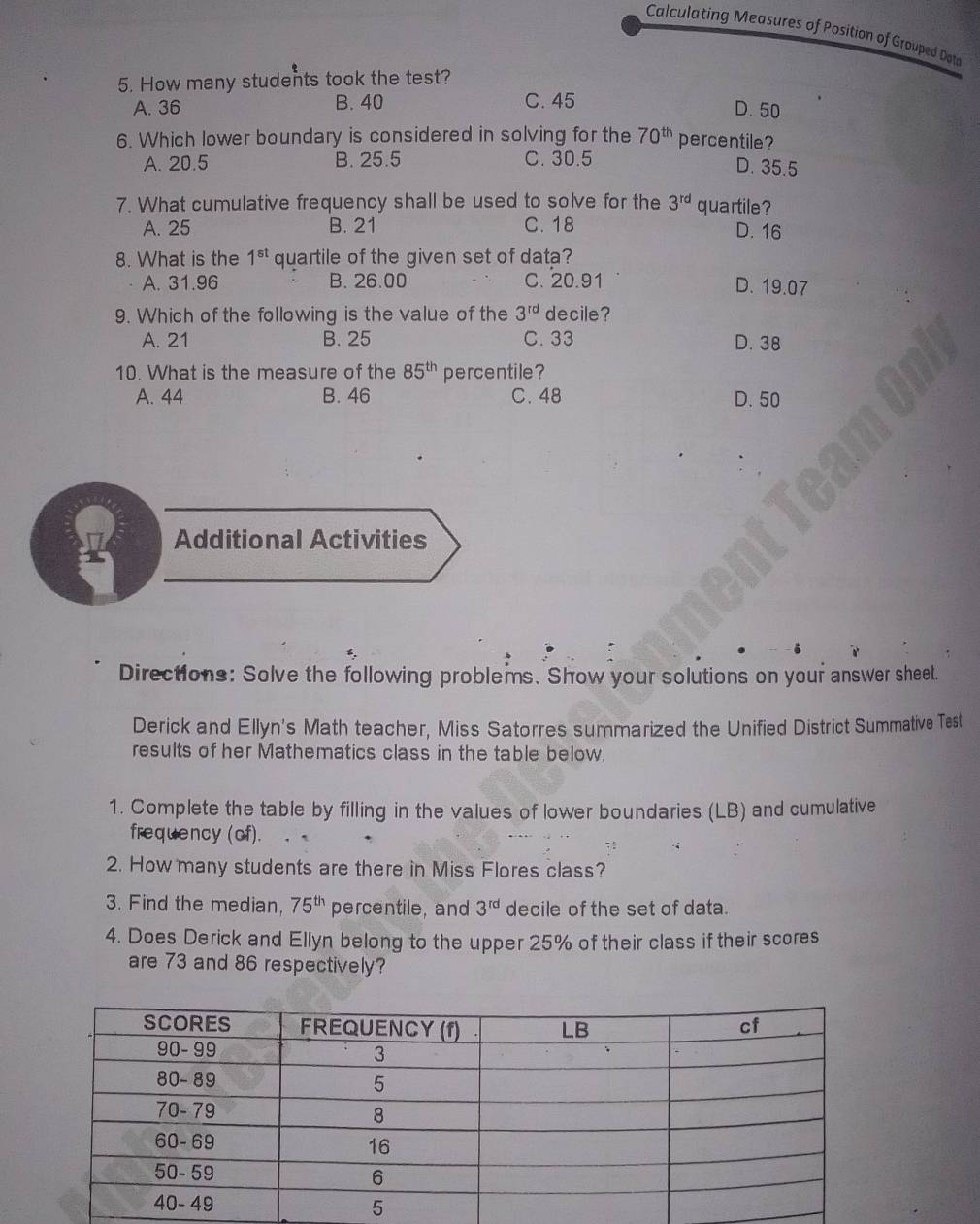 Calculating Measures of Position of Grouped Data
5. How many students took the test?
A. 36 B. 40 C. 45
D. 50
6. Which lower boundary is considered in solving for the 70^(th) percentile?
A. 20.5 B. 25.5 C. 30.5
D. 35.5
7. What cumulative frequency shall be used to solve for the 3^(rd) quartile?
A. 25 B. 21 C. 18 D. 16
8. What is the 1^(st) quartile of the given set of data?
A. 31.96 B. 26.00 C. 20.91 D. 19.07
9. Which of the following is the value of the 3^(rd) decile?
A. 21 B. 25 C. 33 D. 38
10. What is the measure of the 85^(th) percentile?
A. 44 B. 46 C. 48 D. 50
Additional Activities
Directions: Solve the following problems. Show your solutions on your answer sheet.
Derick and Ellyn's Math teacher, Miss Satorres summarized the Unified District Summative Test
results of her Mathematics class in the table below.
1. Complete the table by filling in the values of lower boundaries (LB) and cumulative
frequency (of).
2. How many students are there in Miss Flores class?
3. Find the median, 75^(th) percentile, and 3^(rd) decile of the set of data.
4. Does Derick and Ellyn belong to the upper 25% of their class if their scores
are 73 and 86 respectively?