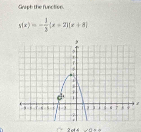 Graph the function.
g(x)=- 1/3 (x+2)(x+8)
z
2 of 4