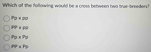 Which of the following would be a cross between two true-breeders?
Pp* pp
PP* pp
P_P* P_P
PP* Pp