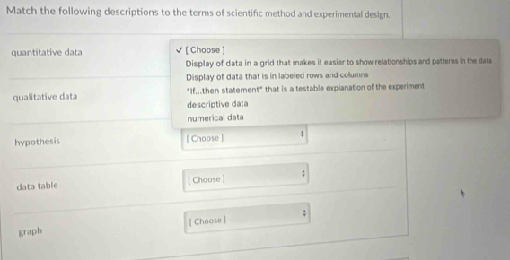 Match the following descriptions to the terms of scientific method and experimental design.
quantitative data [ Choose ]
Display of data in a grid that makes it easier to show relationships and patterns in the data
Display of data that is in labeled rows and collumns
qualitative data "If...then staternent" that is a testable explanation of the experiment
descriptive data
numerical data
hypothesis [ Choose ] ;
data table [ Choose ]
graph [ Choose ] ;