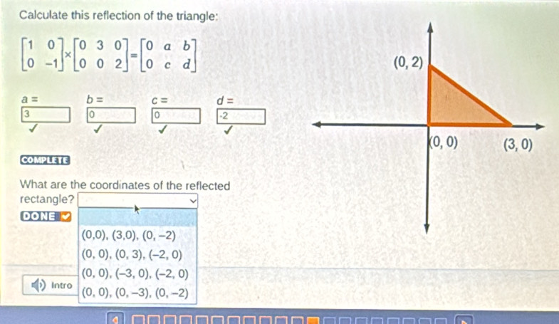 Calculate this reflection of the triangle:
beginbmatrix 1&0 0&-1endbmatrix * beginbmatrix 0&3&0 0&0&2endbmatrix =beginbmatrix 0&a&b 0&c&dendbmatrix
a= b= c= d=
3 0 0 2
COMPLETE
What are the coordinates of the reflected
rectangle?
DONE
(0,0),(3,0),(0,-2)
(0,0),(0,3),(-2,0)
(0,0),(-3,0),(-2,0)
Intro
(0,0),(0,-3),(0,-2)