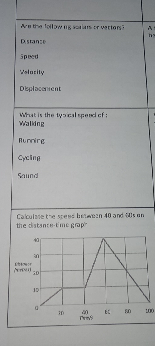 Are the following scalars or vectors? A
he
Distance
Speed
Velocity
Displacement
What is the typical speed of :
Walking
Running
Cycling
Sound
Calculate the speed between 40 and 60s on
the distance-time graph
100