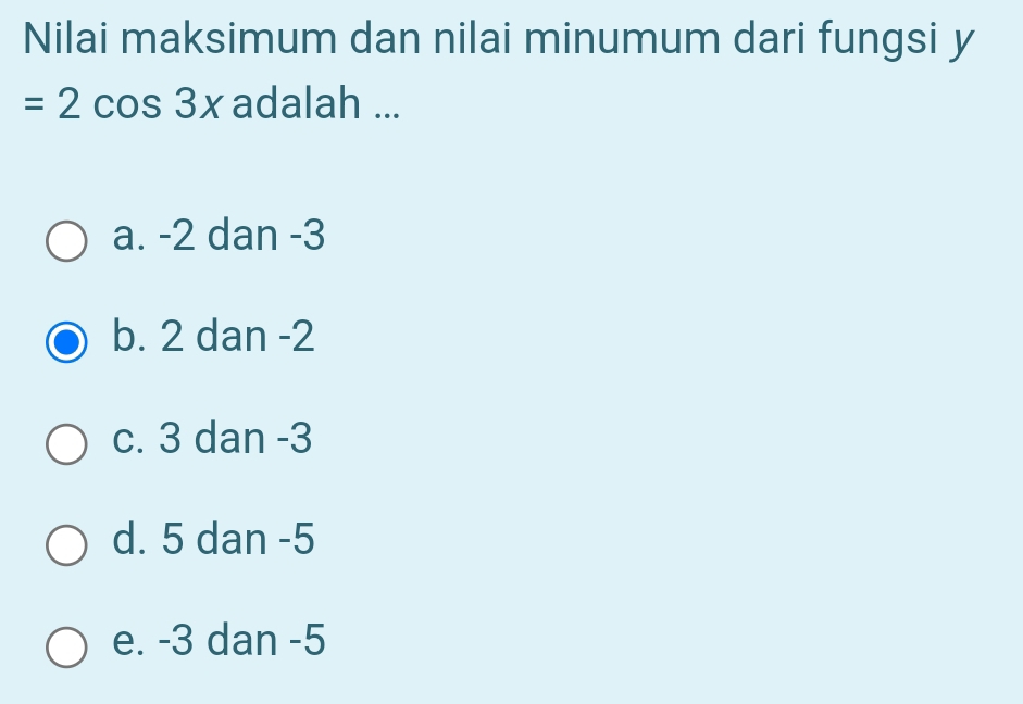 Nilai maksimum dan nilai minumum dari fungsi y
=2cos 3x adalah ...
a. -2 dan -3
b. 2 dan -2
c. 3 dan -3
d. 5 dan -5
e. -3 dan -5