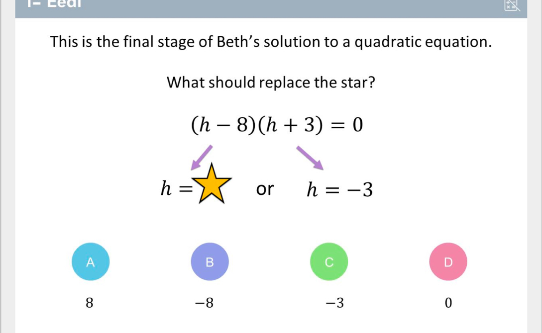 Eeal 
This is the final stage of Beth’s solution to a quadratic equation. 
What should replace the star?
(h-8)(h+3)=0
h=sumlimits or h=-3