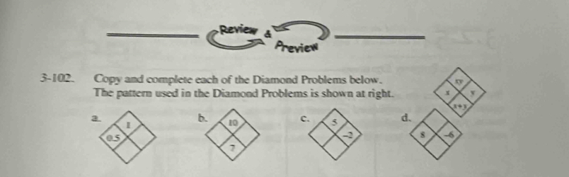 Review
Preview
3-102. Copy and complete each of the Diamond Problems below.
The pattern used in the Diamond Problems is shown at right. x y
x+y
a.
1
d.
as
8