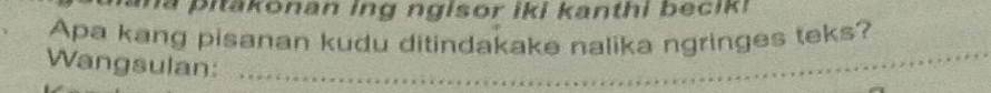 a pitakonan ing ngisor iki kanthi becik! 
Apa kang pisanan kudu ditindakake nalika ngringes teks? 
Wangsulan:_