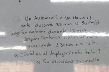 On Automovil vingA HaciA (I 
norte ducante 35 min. a 85km /f1
Weu Se detiene durante 15 min
De(pies Continua wather works 
recorriendo 130umen 2h. 
a)covales e desplosomiento tohol? 
les Su velocidad promedio.