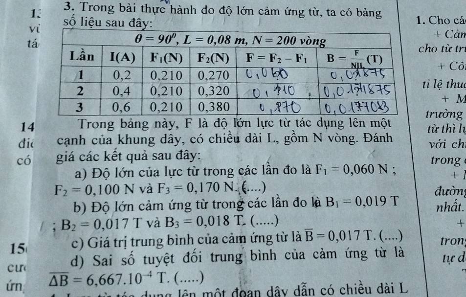 Trong bài thực hành đo độ lớn cảm ứng từ, ta có bảng
vsố liệu sau đây: 1. Cho cá
t+ Cản
ho từ trí
+ Cô:
ti lệ thuc
+ M
trường
14 Trong bảng này, F là độ lớn lực từ tác dụng lên một từ thì lị
đié cạnh của khung dây, có chiều dài L, gồm N vòng. Đánh với ch
có giá các kết quả sau đây: ong
a) Độ lớn của lực từ trong các lần đo là F_1=0,060N :
+
F_2=0,100N và F_3=0,170N..(....) đườn
b) Độ lớn cảm ứng từ trong các lần đo là B_1=0,019T nhất.
B_2=0,017T và B_3=0,018 T. (.....)
+
15 c) Giá trị trung bình của cảm ứng từ là overline B=0,017T. (....) tron
cu( d) Sai số tuyệt đối trung bình của cảm ứng từ là tự d
ứn overline △ B=6,667.10^(-4)T. (_  )
ung lên một đoan dây dẫn có chiều dài L