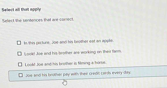 Select all that apply
Select the sentences that are correct.
In this picture, Joe and his brother eat an apple.
Look! Joe and his brother are working on their farm.
Look! Joe and his brother is filming a horse.
Joe and his brother pay with their credit cards every day.