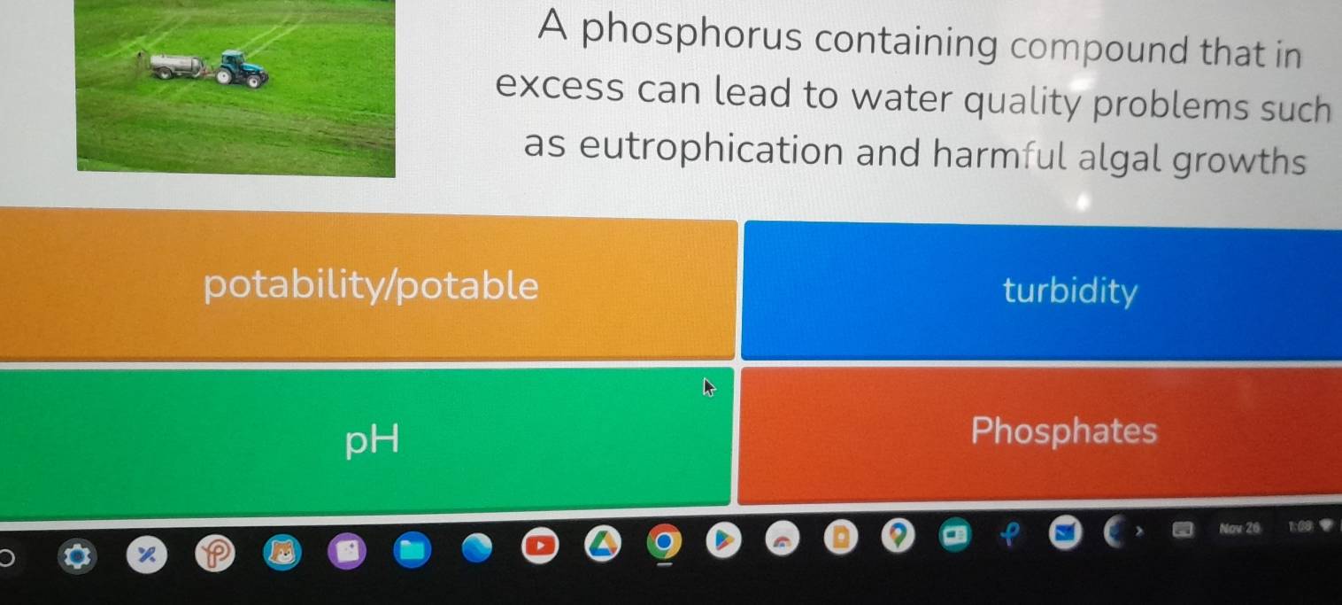 A phosphorus containing compound that in
excess can lead to water quality problems such
as eutrophication and harmful algal growths
potability/potable turbidity
pH
Phosphates