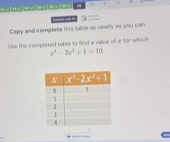 30 30   aD √ 3' √ aF √ .. 3H 3 1
Bookwork cadi: 20 re i shoe Cas s
Copy and complete this table as neatly as you can.
Use the completed table to find a value of æ for which
x^3-2x^2+1=10.
= Watch video Ans