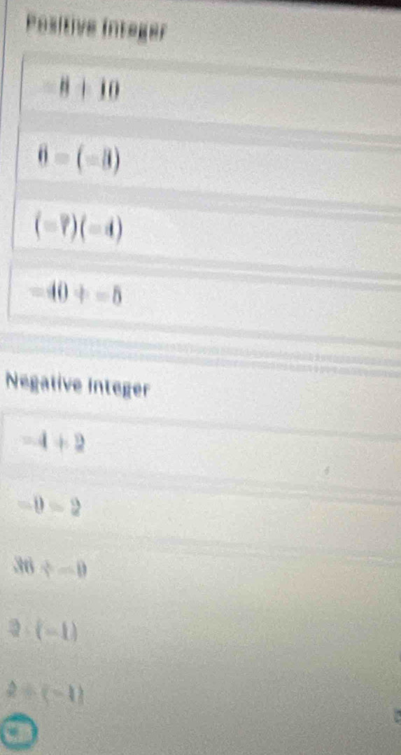 Positive ínteger
8+10
6-(-8)
(-7)(-4)
-40+-5
Negative Integer
-4+2
_  0=2
36/ -0
(-1)
2/ (-1)