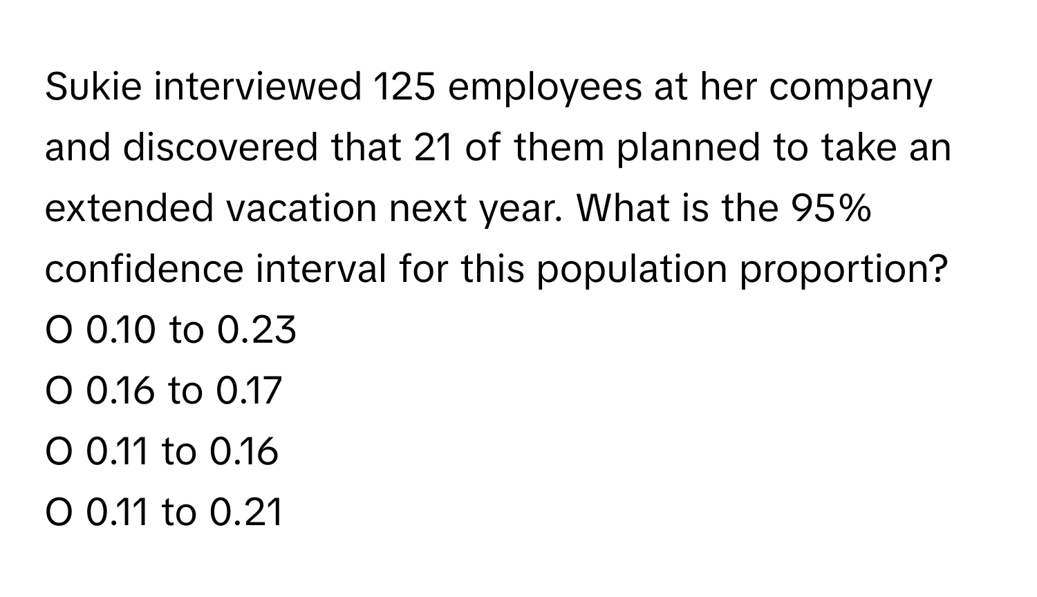 Sukie interviewed 125 employees at her company and discovered that 21 of them planned to take an extended vacation next year. What is the 95% confidence interval for this population proportion?

O 0.10 to 0.23
O 0.16 to 0.17
O 0.11 to 0.16
O 0.11 to 0.21