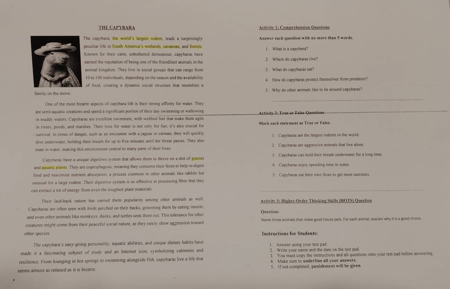 Selesai:THE CAPYBARA Activity 1: Comprehension Questions The capybara ...
