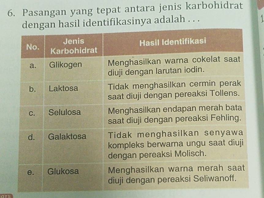 Pasangan yang tepat antara jenis karbohidrat 
ntifikasinya adalah . . . 
1 
OTS