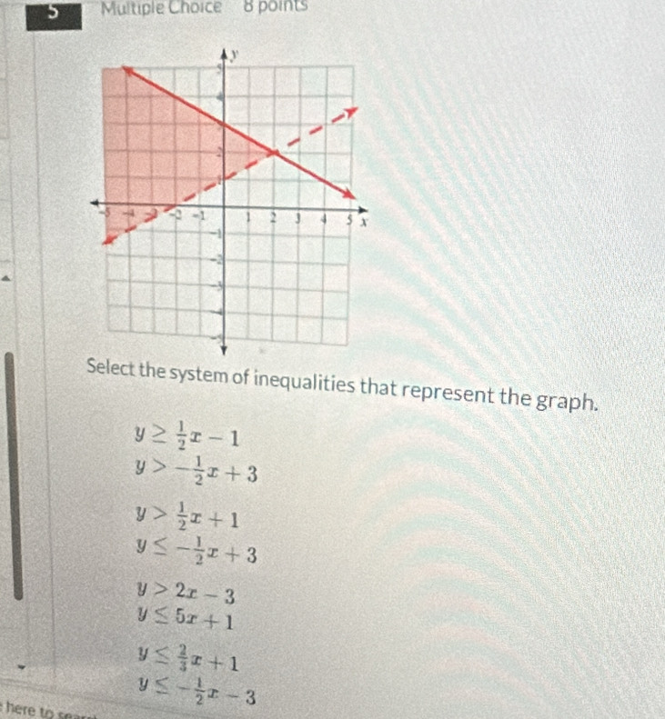 Select the system of inequalities that represent the graph.
y≥  1/2 x-1
y>- 1/2 x+3
y> 1/2 x+1
y≤ - 1/2 x+3
y>2x-3
y≤ 5x+1
y≤  2/3 x+1
y≤ - 1/2 x-3