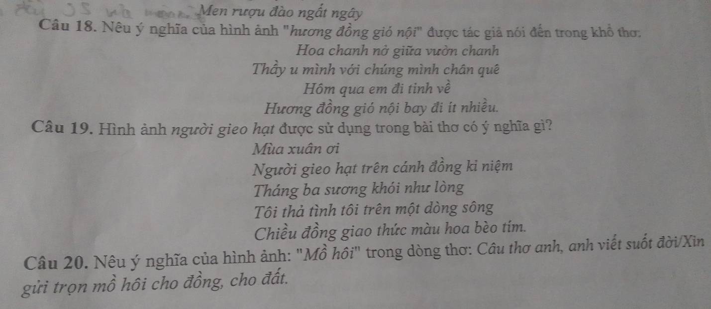 Men rượu đào ngất ngây
Câu 18. Nêu ý nghĩa của hình ảnh "hương đồng gió nội" được tác giả nói đến trong khổ thơ:
Hoa chanh nở giữa vườn chanh
Thầy u mình với chúng mình chân quê
Hôm qua em đi tỉnh về
Hương đồng gió nội bay đi ít nhiều.
Câu 19. Hình ảnh người gieo hạt được sử dụng trong bài thơ có ý nghĩa gì?
Mùa xuân ơi
Người gieo hạt trên cánh đồng ki niệm
Tháng ba sương khói như lòng
Tôi thả tình tôi trên một dòng sông
Chiều đồng giao thức màu hoa bèo tím.
Câu 20. Nêu ý nghĩa của hình ảnh: "Mồ hồi" trong dòng thơ: Câu thơ anh, anh viết suốt đời/Xin
gửi trọn mồ hôi cho đồng, cho đất.