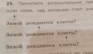 Прочиτайτе вопросительныее пре 
осом слова, над которыми стоит зна 
Вимой рождаются клесты? 
Вимой рождаются клесты? 
Вимой рождаются клесты?
M