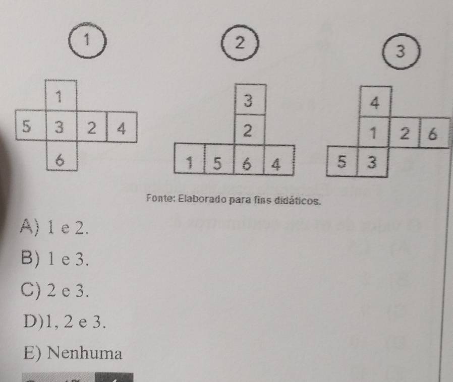 1
2
3

Fonte: Elaborado para fins didáticos.
A) 1 e 2.
B) 1 e 3.
C) 2 e 3.
D) 1, 2 e 3.
E) Nenhuma