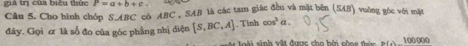 giá trị của biệu thức P=a+b+c. 
Câu 5. Cho hình chóp S. ABC có ABC , SAB là các tam giác đều và mặt bên (SAB) vuống gốc với mặt 
đáy. Gọi ã là số đo của góc phằng nhị diện [S,BC,A]. Tính cos^2alpha. 
* inh vật được cho b ở i cộng thứ P(_ 100000