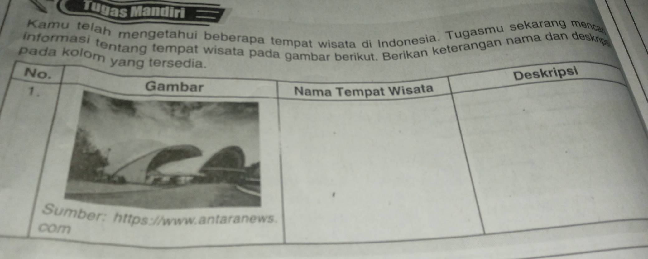 Tugas Mandiri 
Kamu telah mengetahui beberapa tempat wisata di Indonesia. Tugasmu sekarang menca 
informasi tentang tempterangan nama dan deskrips