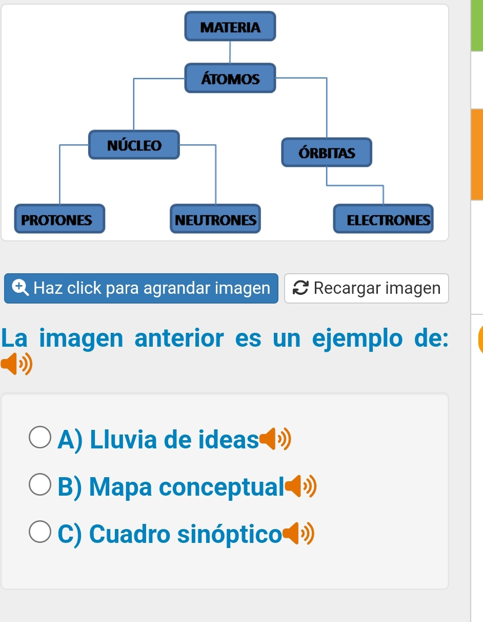 Haz click para agrandar imagen Recargar imagen
La imagen anterior es un ejemplo de:
A) Lluvia de ideas◀»》
B) Mapa conceptual»
C) Cuadro sinóptico ◀»