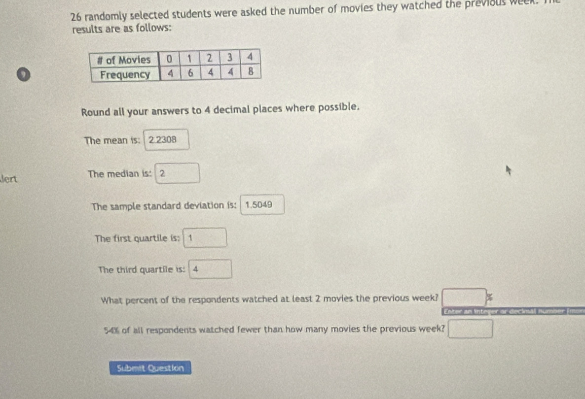 randomly selected students were asked the number of movies they watched the previous week. 
results are as follows:
9
Round all your answers to 4 decimal places where possible. 
The mean is: 2.2308
lert The median is: 2
The sample standard deviation is: 1.5049
The first quartile is: 1
The third quartile is: 4
What percent of the respondents watched at least 2 movies the previous week? □ %
Enter an integer or decimal numo
54% of all respondents watched fewer than how many movies the previous week? □ 
Submit Question