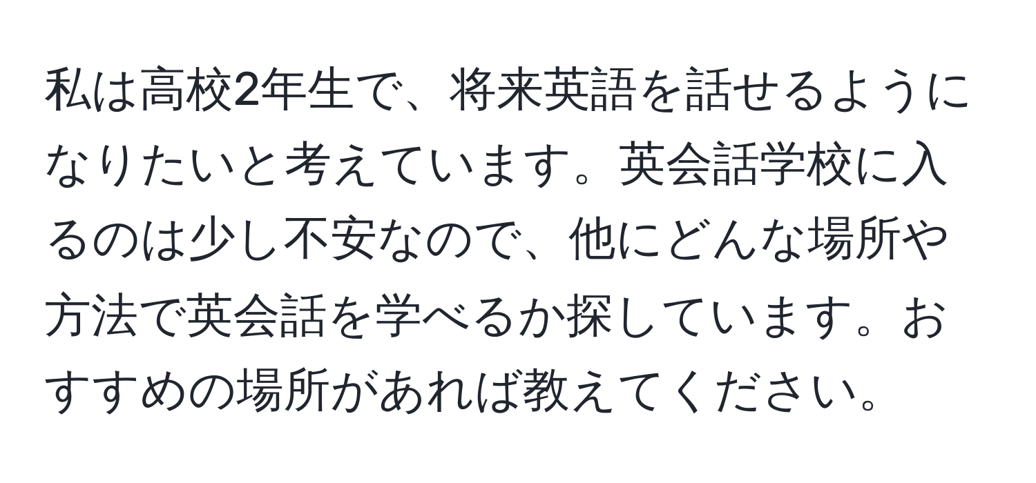 私は高校2年生で、将来英語を話せるようになりたいと考えています。英会話学校に入るのは少し不安なので、他にどんな場所や方法で英会話を学べるか探しています。おすすめの場所があれば教えてください。