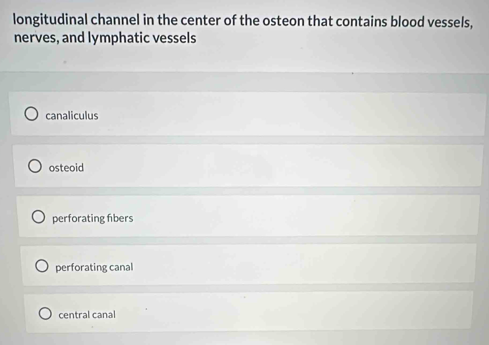 longitudinal channel in the center of the osteon that contains blood vessels,
nerves, and lymphatic vessels
canaliculus
osteoid
perforating fbers
perforating canal
central canal