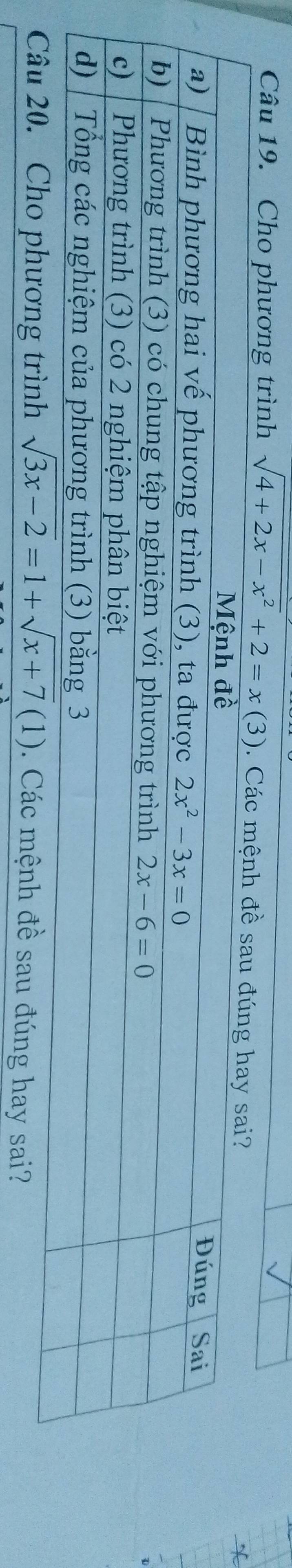 Cho phương trình sqrt(4+2x-x^2)+2=x(3). Các mệnh
y sai?