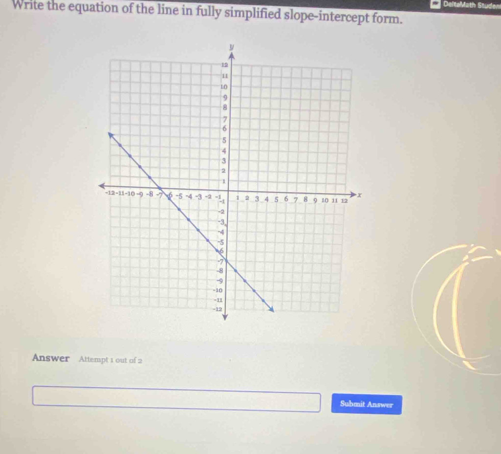 DeltaMath Studen 
Write the equation of the line in fully simplified slope-intercept form. 
Answer Attempt 1 out of 2 
Submit Answer