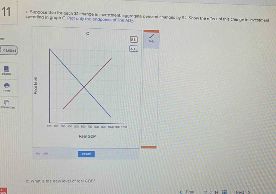 spending in graph C. Plot only the endpoints of line AD_2
c. Suppose that for each $1 change in investment, aggregate demand changes by $4. Show the effect of this change in investment 
C 
nts 
AS AD_2
02:05:48
AD_1
eBook 
Print 
eferences 
Real GDP 
reset 
d. What is the new level of real GDP? 
C 
< Prev 11 of 14 Next