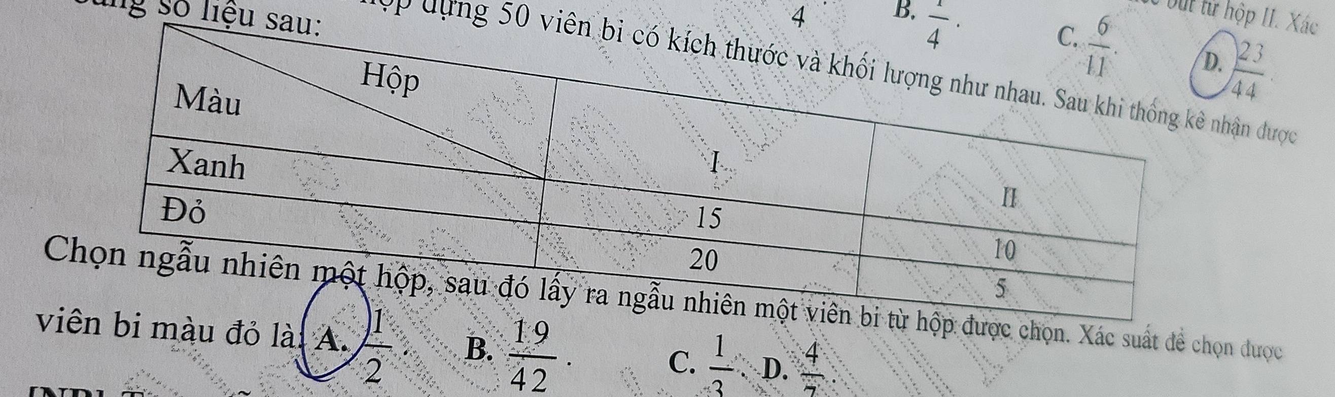 ung số liệu4 c but từ hộp II. Xác
.  23/44 
VP  dựng 5nhận được
Cp được chọn. Xác suất để chọn được
vi màu đỏ là A.  1/2  B.  19/42 .
C.  1/3  D.  4/7 