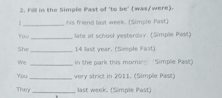 Fill in the Simple Past of 'to be' (was/were). 
I _his friend last week. (Simple Past) 
You _late at school yesterday. (Simple Past) 
She _ 14 last year. (Simple Past) 
We _in the park this morning (Simple Past) 
You _very strict in 2011. (Simple Past) 
They _last week. (Simple Past)