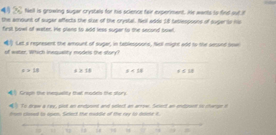 4 2 fell is growing sugar crystals for his science fair experiment. He wants to find out f
the amount of sugar affects the dize of the crystal. Nell adds 18 tablespoons of sugarto his
first bowl of water. He plano to add less sugar to the second bowl
Let's represent the amount of sugar, in tablespoons, Nell might add to the second bown
of water. Which inequalty models the story?
s>18
s≥ 18
s<18</tex>
s≤ 18
_ Graph the inequality that models the story.
) To draw a ray, plst an endpoint and select an arrow. Slect an endoont to change it
from clased to open. Select the mddle of the ry to delete t.