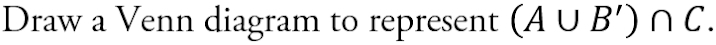 Draw a Venn diagram to represent (A∪ B')∩ C.