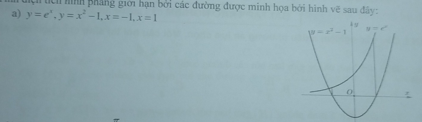 lệh tch hình phang giới hạn bởi các đường được minh họa bởi hình vẽ sau đây:
a) y=e^x,y=x^2-1,x=-1,x=1